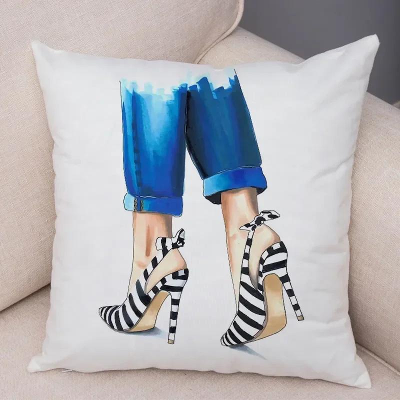 Lady High Heel Shoes Print Cushion Cover for Car Sofa Home Super Soft Short Plush Pillow Case Decor Cartoon Pillowcase 45*45 Cm