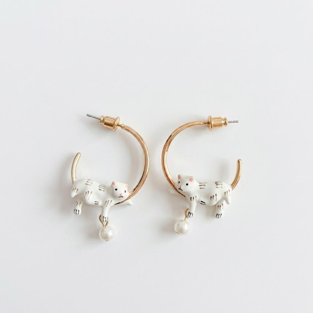 Aesthetic Pearl Pendant Necklace Animal Design Cat Neck Chain Enamel Cat Hoop Earrings Girls