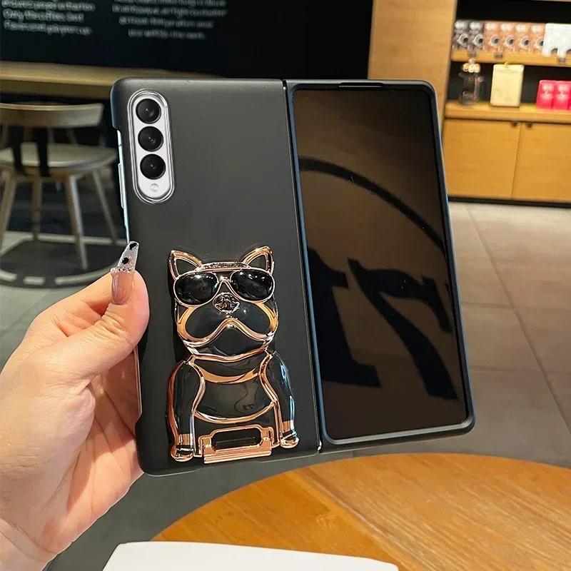 Fashion Cartoon Electroplated Dog Bracket Case For Samsung Galaxy Z Fold 7 6 5 4 3 2 5G Shockproof Matte Skin Feel Cover