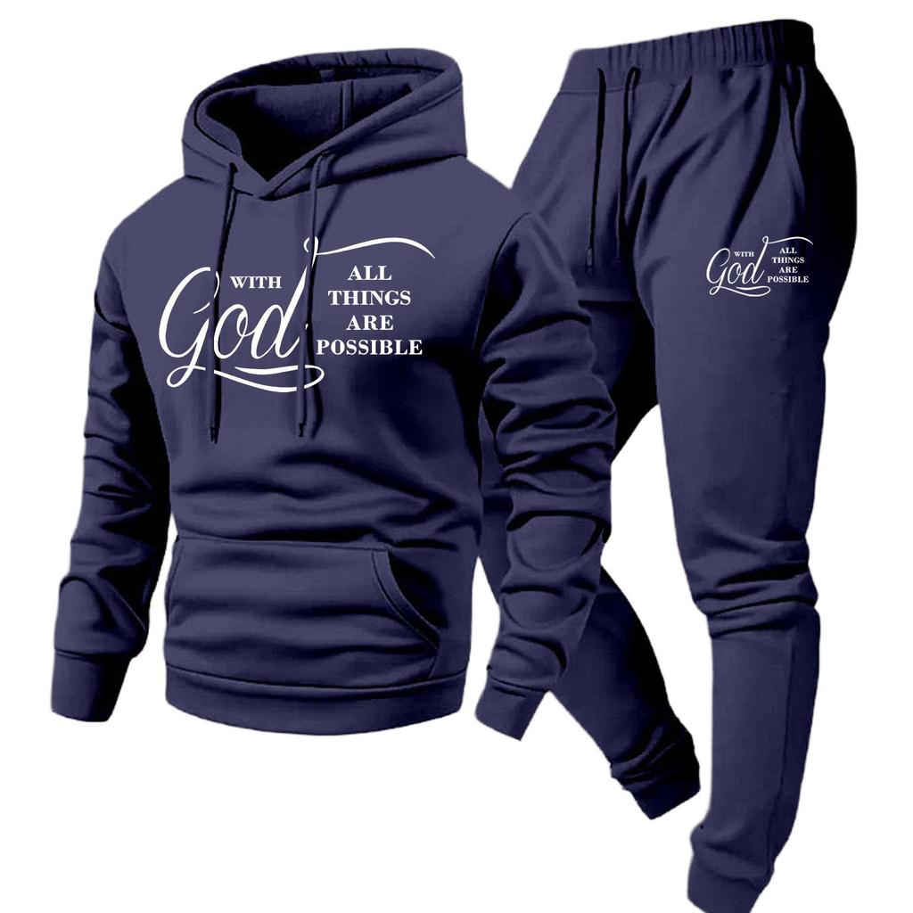 2026 New Arrival Men's Letter Print Hoodie & Pants Set - European and American Style, Hot Selling Two-Piece Outfit