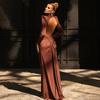 New Autumn Women's Solid Color Long-sleeved High-neck Temperament Slim Pleated Backless Long Dress