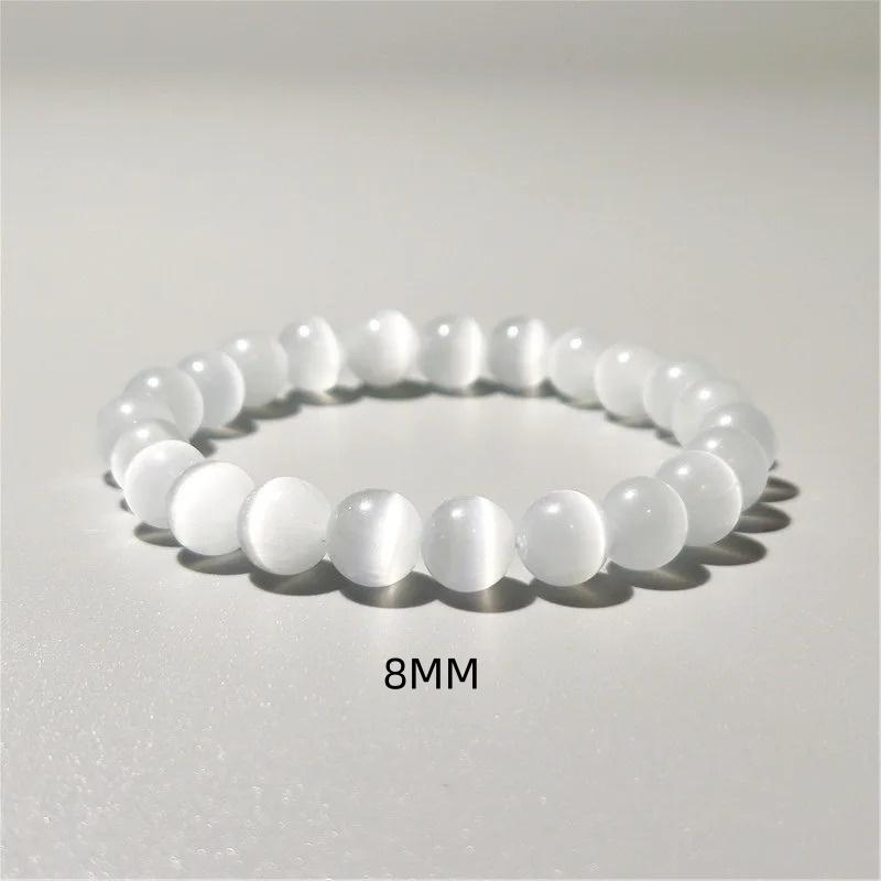 Natural White Cat Eyes Stone Bracelet Women 6/8/10mm Smooth Beaded Braslet Gifts For Lovers Moonstone Braclet