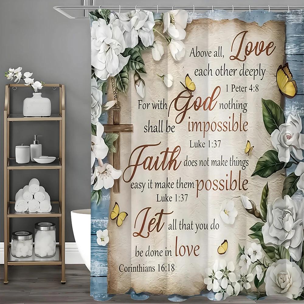 Bible Verses Christian Scriptures White Flowers Inspirational Quotes Shower Curtain, Bathroom Decorative Shower Curtains, Waterp