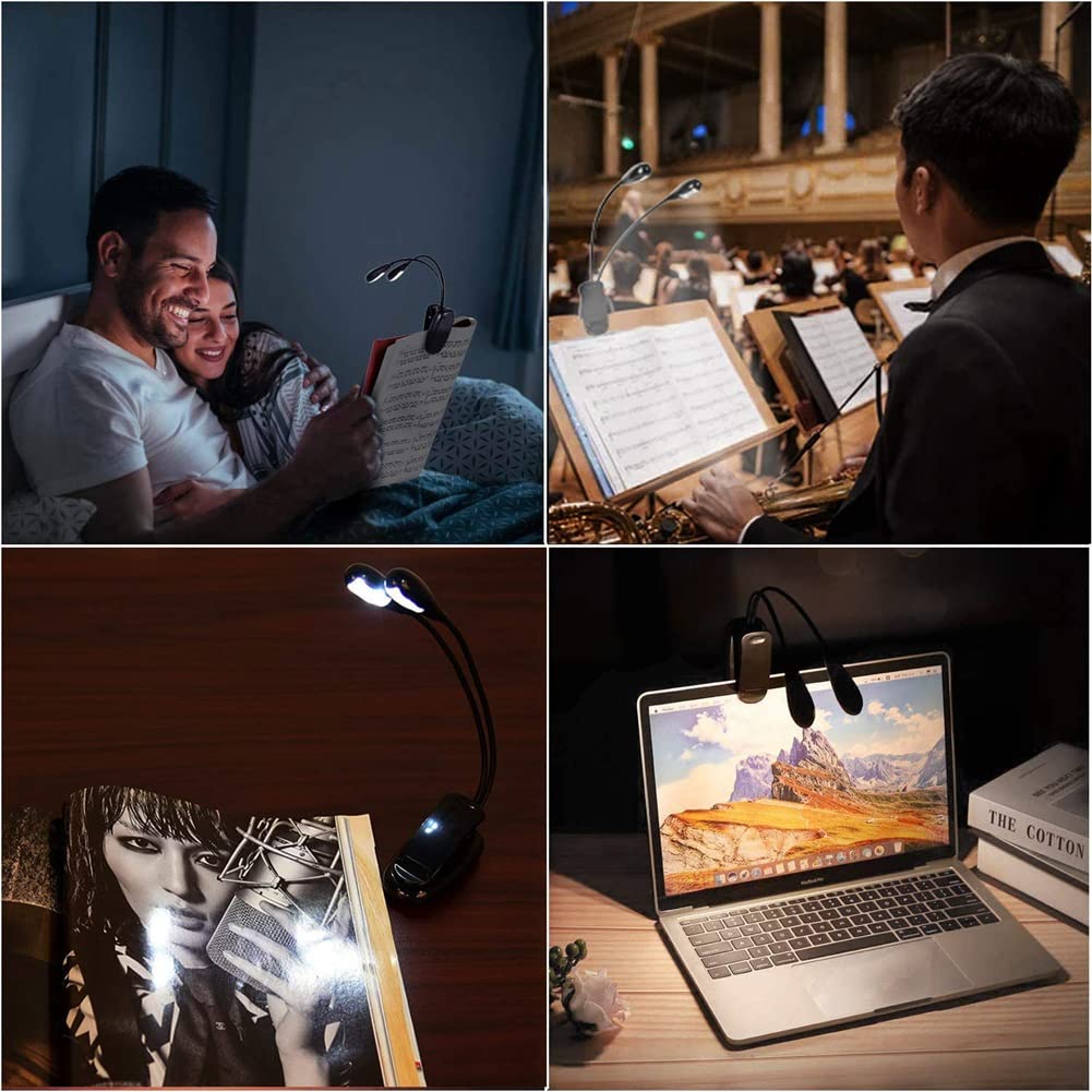 Ahvqevn 2pcs Music Stand Light Clip-on LED Book Light Dual Arm Reading Lamp for Bedside Books 360 Degree Adjustable Clip
