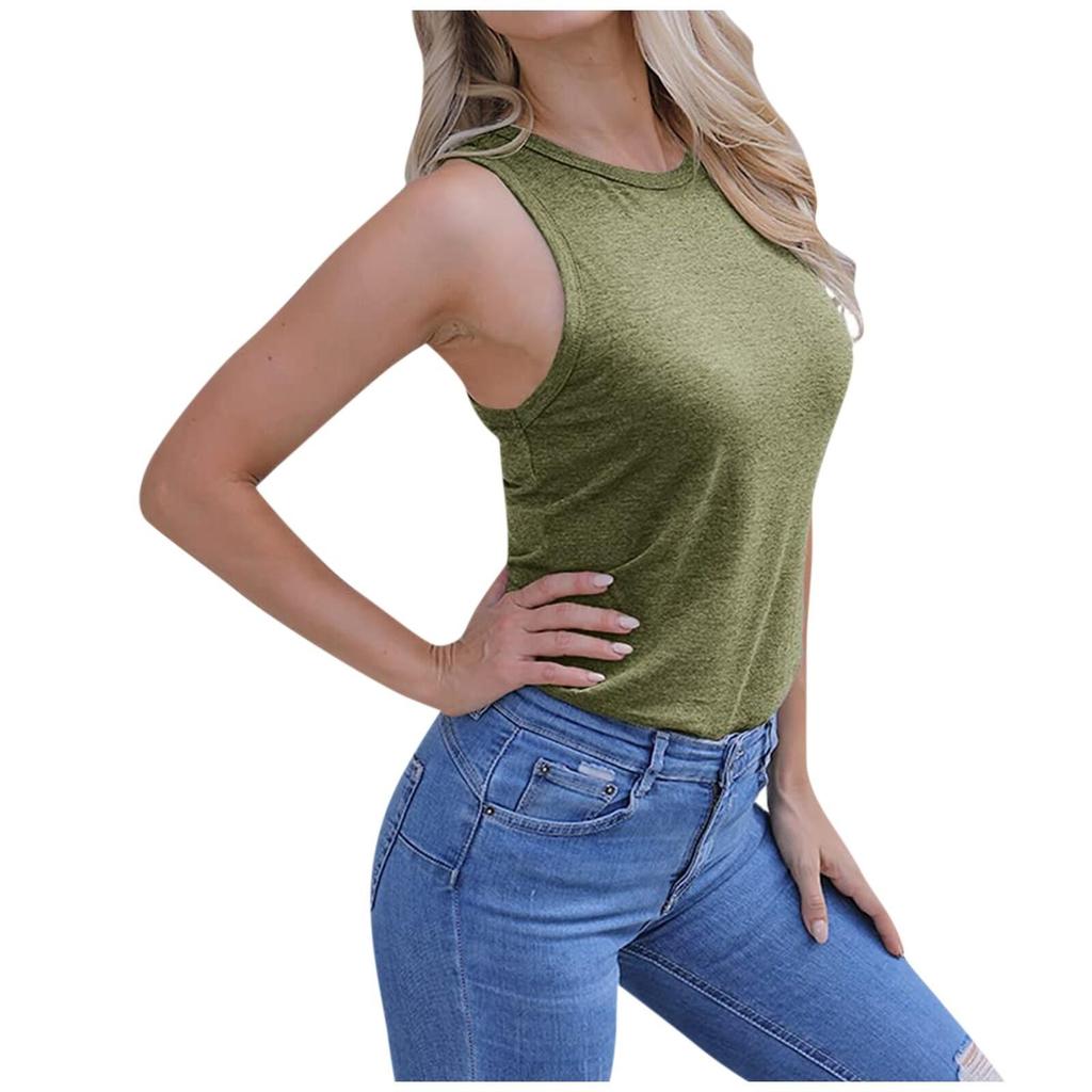 Womens Casual Round Neck Loose Solid Color Sleeveless Top T-shirt Blouse