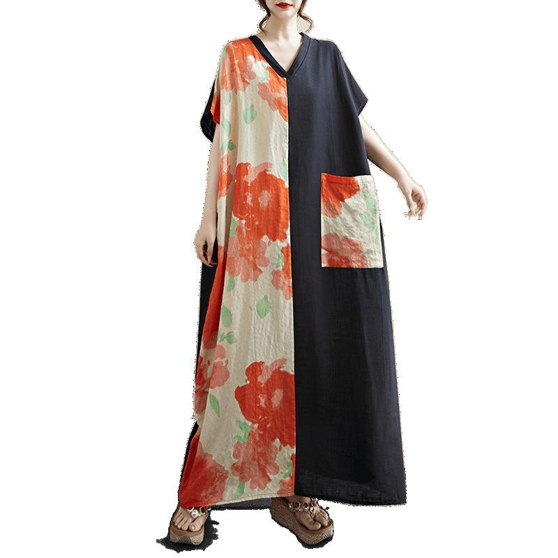 A Short-sleeved Color-blocked Long Dress with A Retro Cotton and Linen V-neck That Hides The Figure and Makes One Look Slimmer