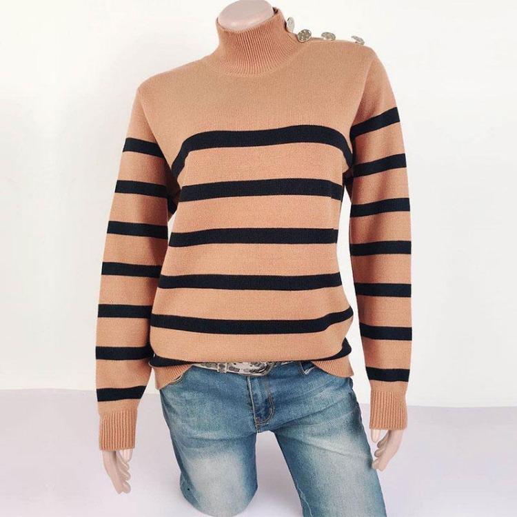 

Women Casual Autumn Winter Knitted Sweater Pullovers Turtleneck Long Sleeve Top Striped Rivets Beige Black Gray Khaki S-XL S хаки