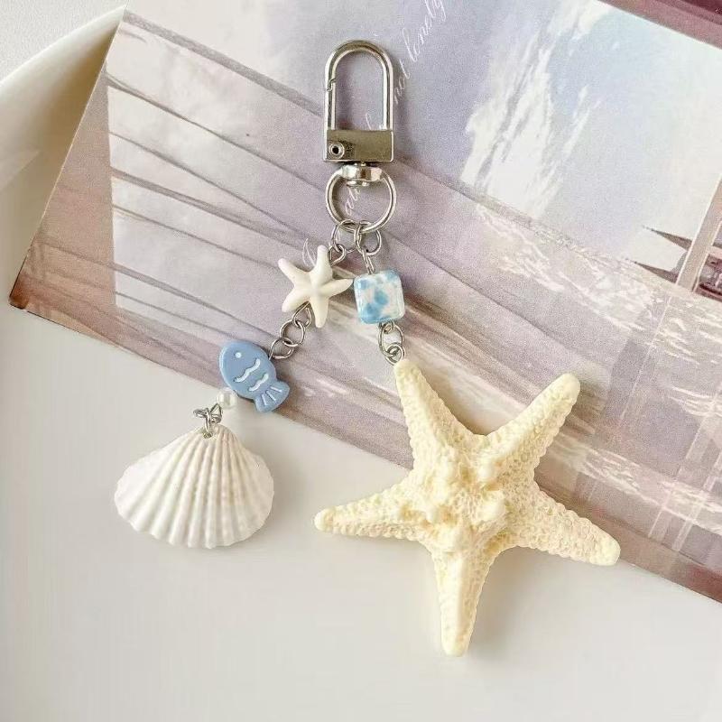 Seashell Keychain with Starfish Long Tail Charms Summer Travel Backpack Pendant for Girls and Women