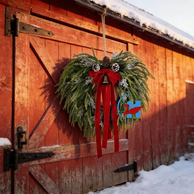 Christmas Wreath With Red Berries Bow Plastic Holiday Decor Home Door Wall 50cm