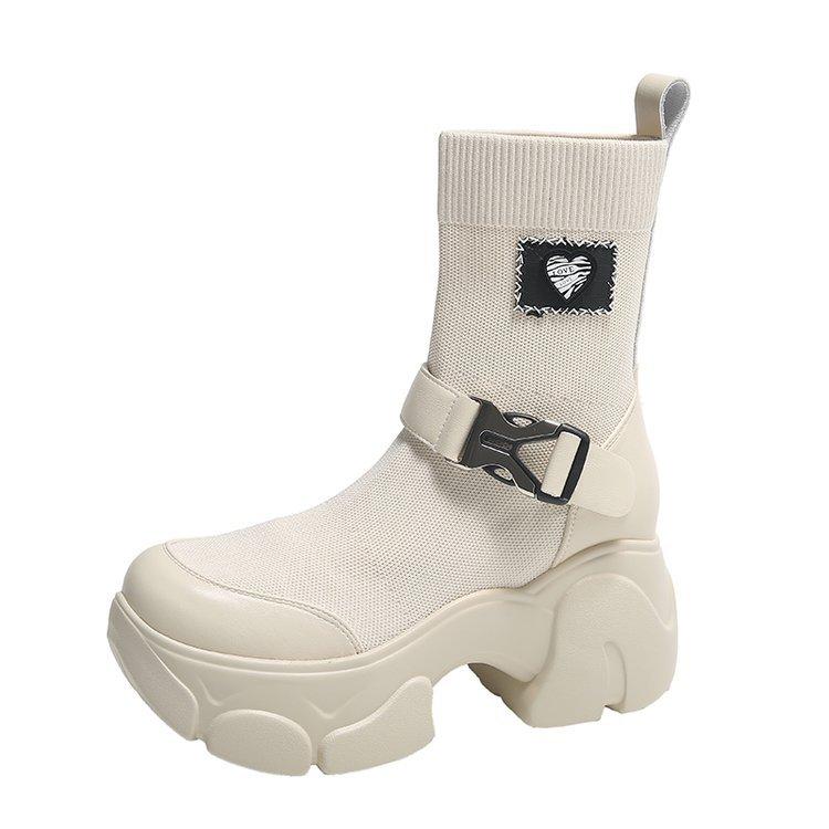 

2025 autumn thick-soled inner height increase locomotive wind Martin boots women s fashion new versatile mid-tube boots elastic socks 39