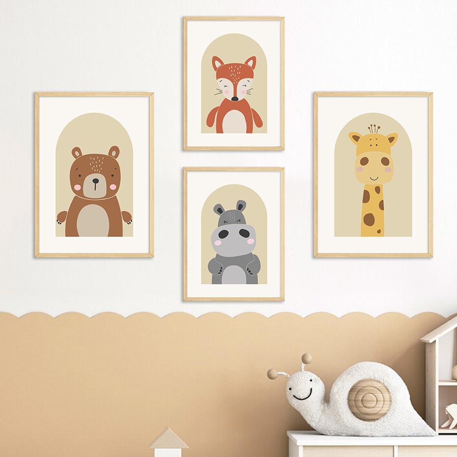 Cartoon Cute Lion Hippo Bear Giraffe Animals Nursery Posters Prints Canvas Painting Wall Art Pictures Baby Room Home Decor