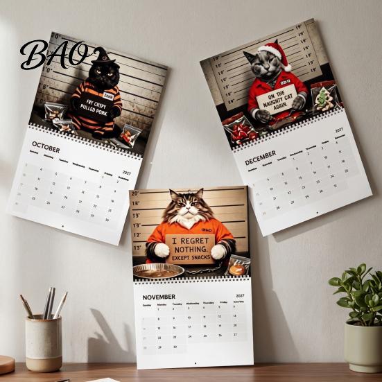 Wall Mounted Hanging Calendar 2027 Funny Cat for Home Office, Large Print Monthly Planner with Animal Theme 12 Unique Cute Photos, Thick Paper