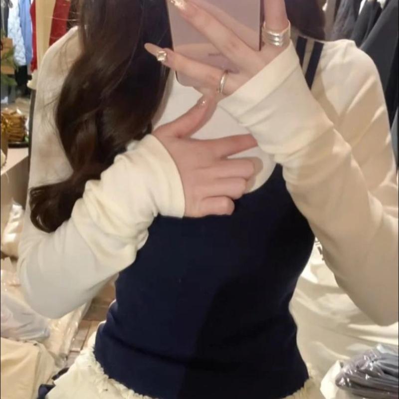 2KWEIRD Korean Woman T Shirts Fake Two Chic Tees Long Sleeve O-neck Ruffles Sweet Camisetas Bandage Casual Y2k T-shirts