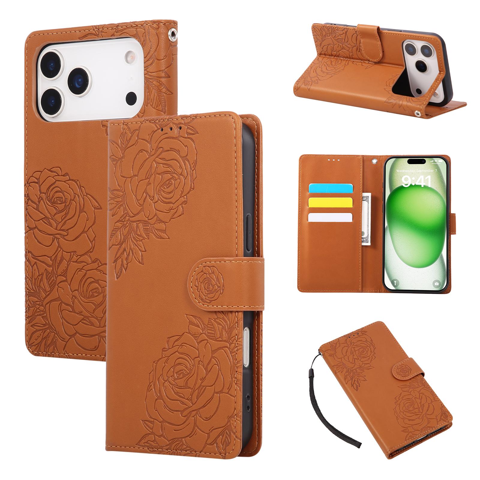 

For iPhone 17 Pro Max Case Rose Flower PU Leather Wallet Phone Cover with 3 Card Slots/Wrist Strap Brown