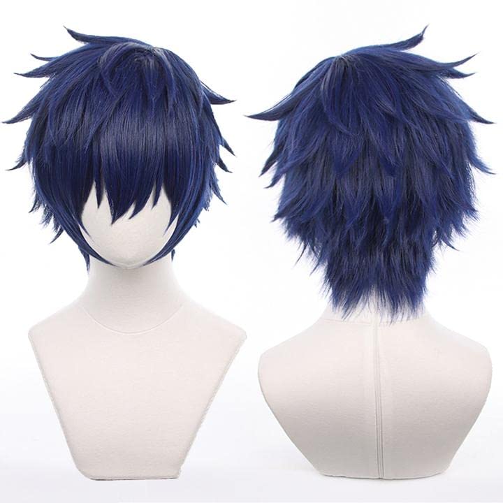 LVMEY Game Character Cosplay Wig Dark Blue Shot Disguise Heat Resistant Wig Wig Costume Fancy Dress Comiket Event Halloween Christmas School Festival