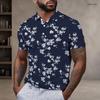 Men S Plus Size Navy Blue White Floral Printed Short Sleeve Collared Button Polo Shirt