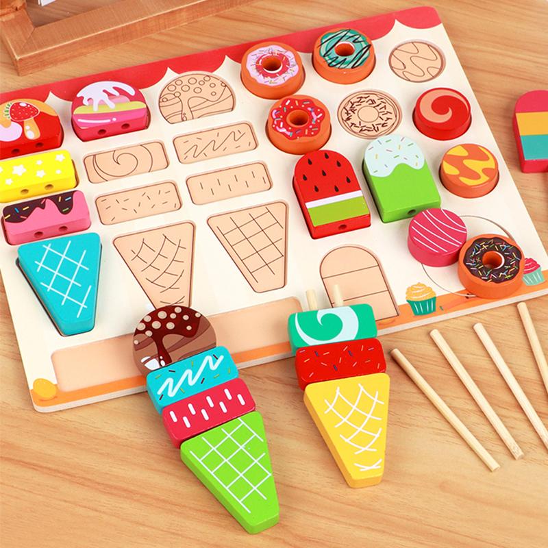 Wooden Ice Cream Set, Ice Cream Doughnut, And Cookie Combination For Role Play Kitchen Baking And Parent-Child Interaction