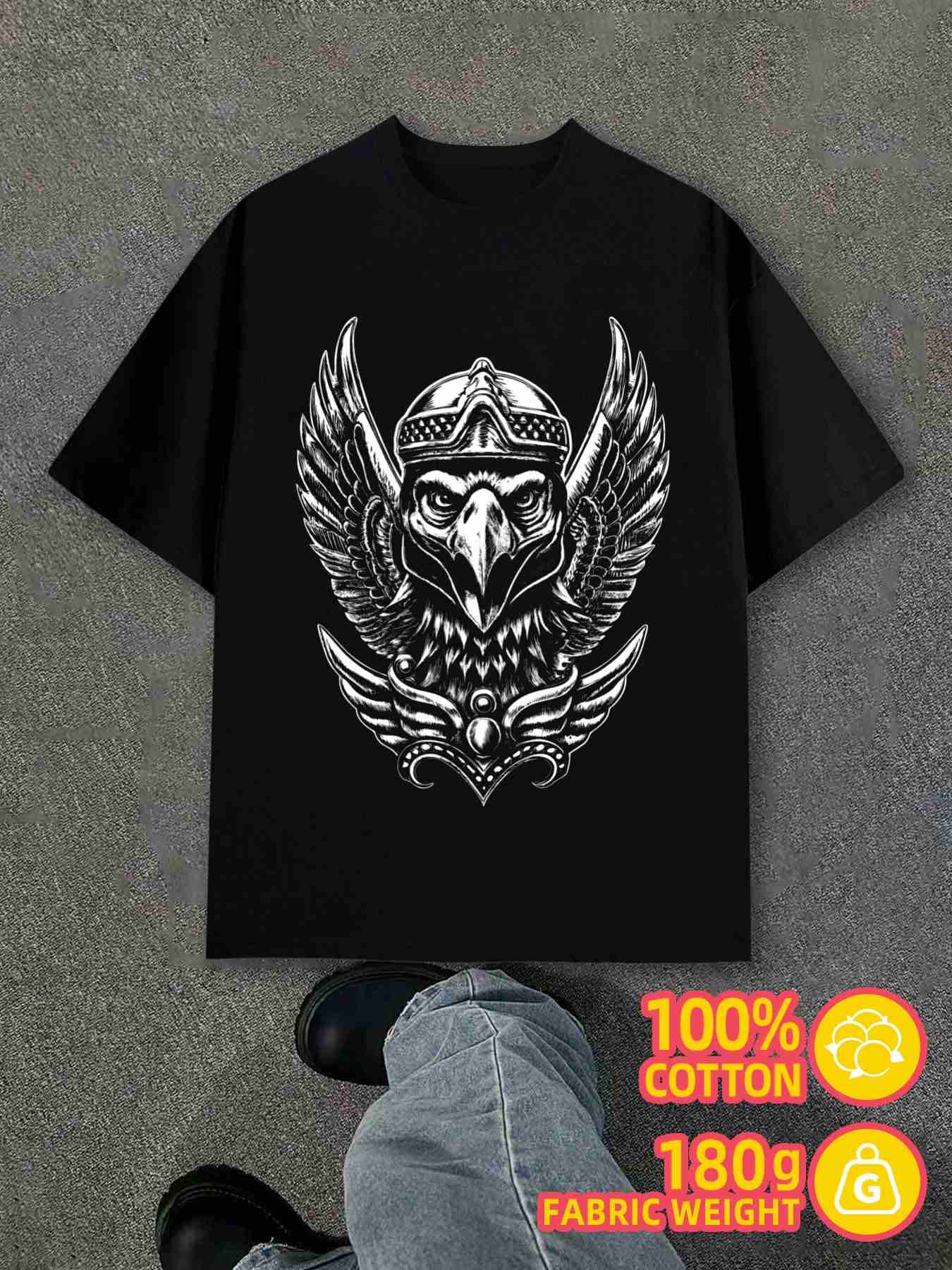 T-Shirt Y2K Viking Eagle Warrior Black Loose Fit 3XL