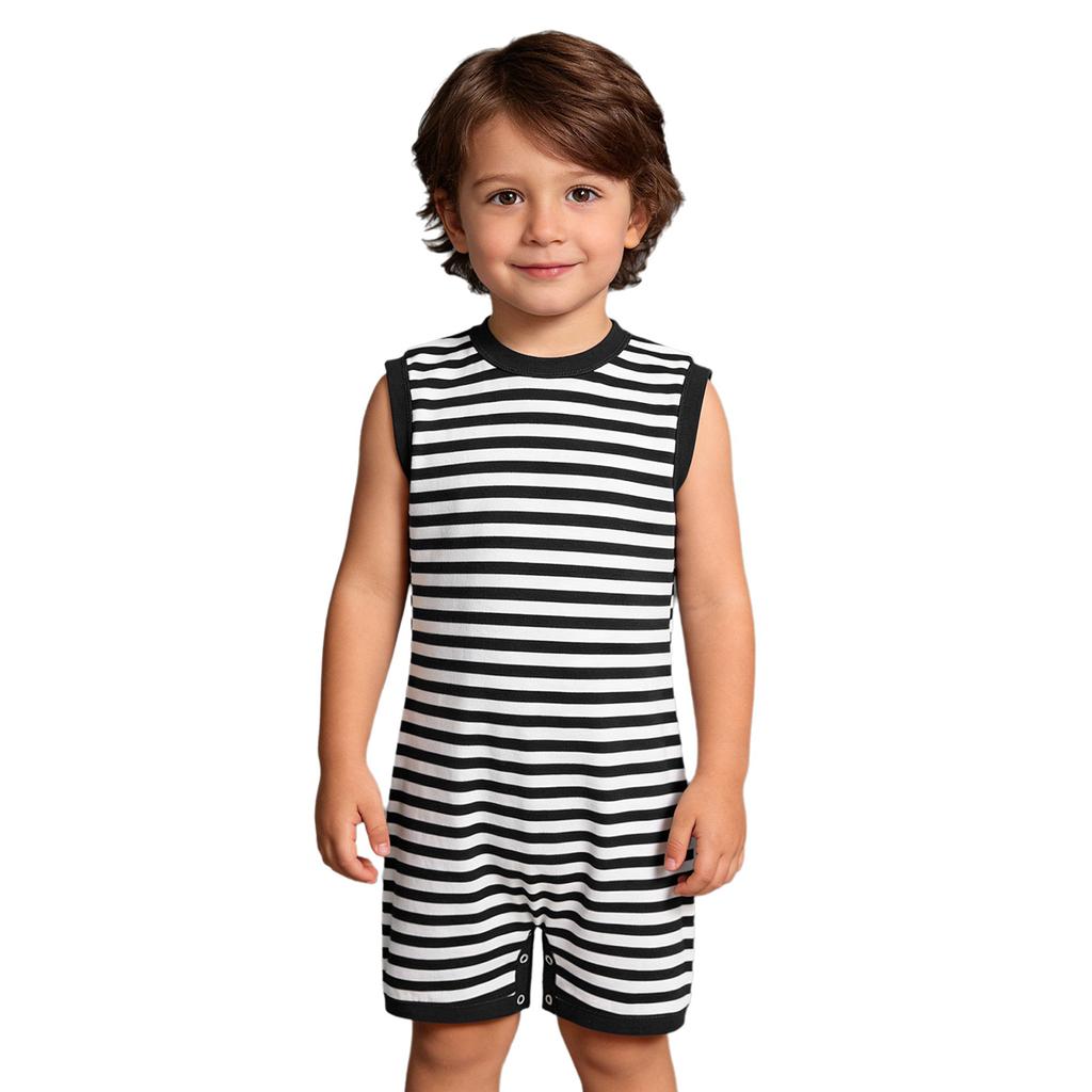 Unisex Special Needs Adaptive Clothing Sleeveless Back Invisible Zipper Press Button Crotch Striped Jumpsuit