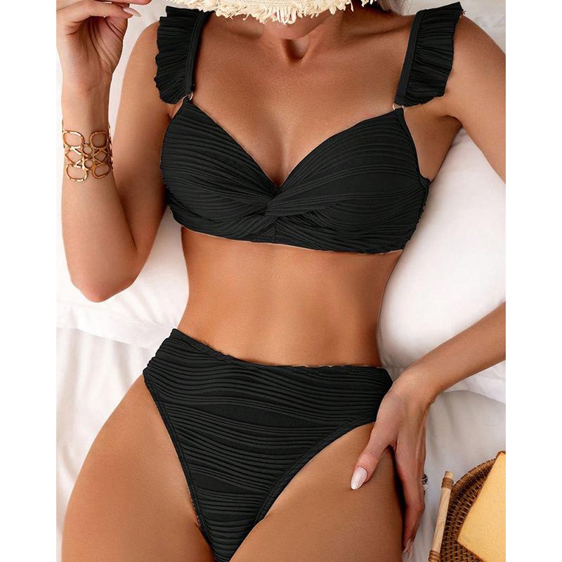 Two Piece Bikini Set with Textured Fabric and Ruffle Shoulder Straps High Waisted Bottoms Swimsuit for Beachwear and Poolside Use