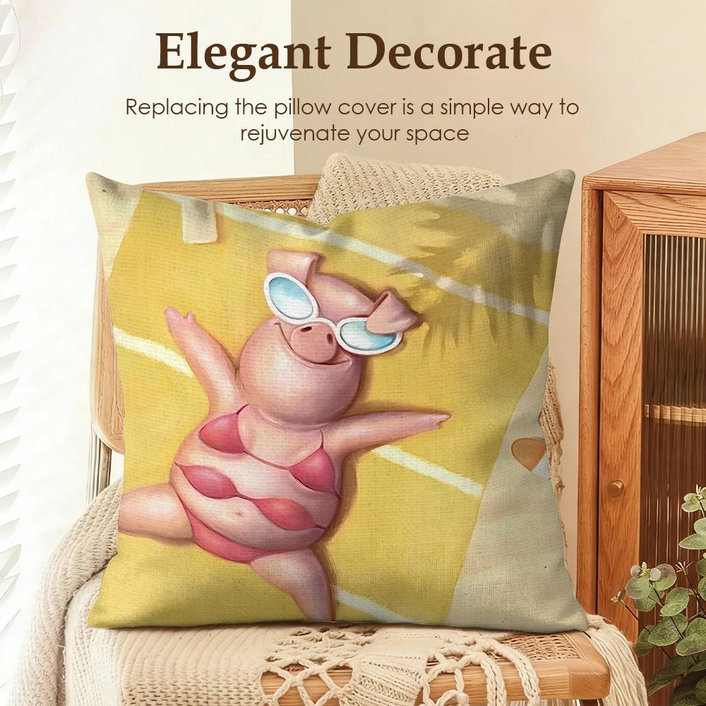 Cuscino Decorativo Amici Maialini Carini Divertenti Copricuscino Lino Naturale Tessuto Biologico Stampa Double Face Divano Arredamento Casa Cuscino Regalo