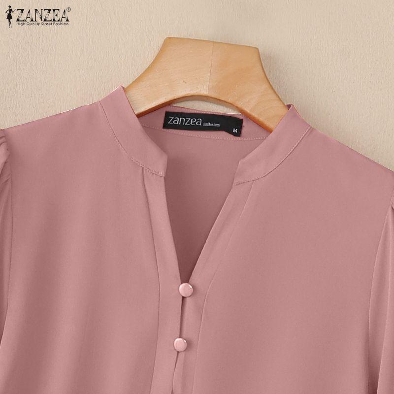 ZANZEA Damska luźna bluzka z dekoltem w serek i jednolitym kolorem, z rękawami 3/4