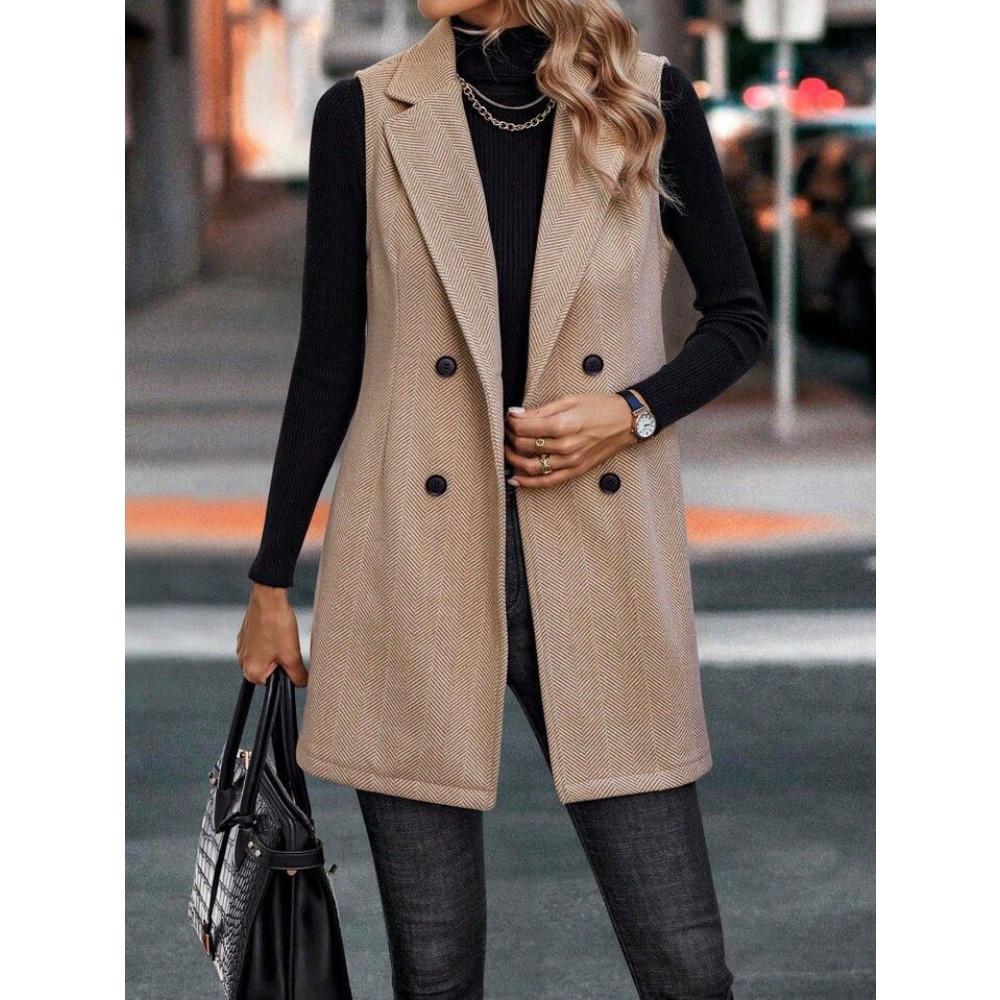 Women s Lapel Sleeveless Vest Slim Fit Herringbone Double Breasted Mid Length Wool Blend Suit Waistcoat S