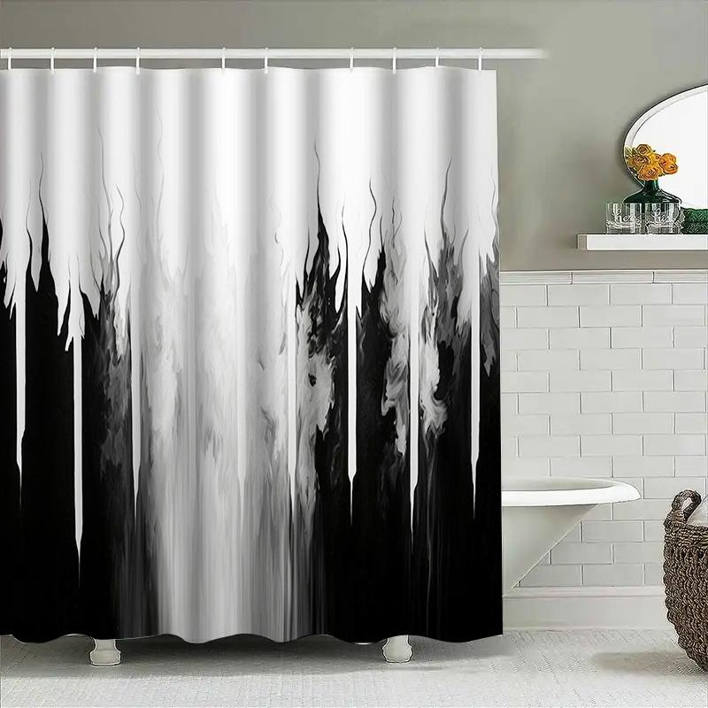 Modern Black White Shower Curtain With Abstract Art Design For Bathroom Decor Various Sizes Available