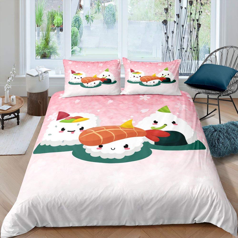 Japanese Sushi King Queen Duvet Cover Little Cat Bedding Set Novelty Cartoon Pet Animal Japan Food White Polyester Quilt Cover