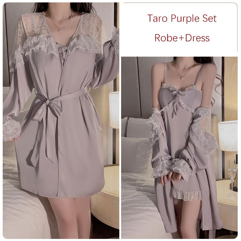 Pajamas Sexy for Women, Satin V Tie, Breast Pad, Lace Suspenders, Tempting Nightgown, Robe, Home Wear