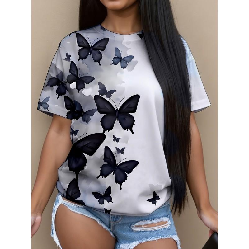 Womens Casual Round Neck Short Sleeve T-Shirt With Butterfly Print Loose Fit 2025