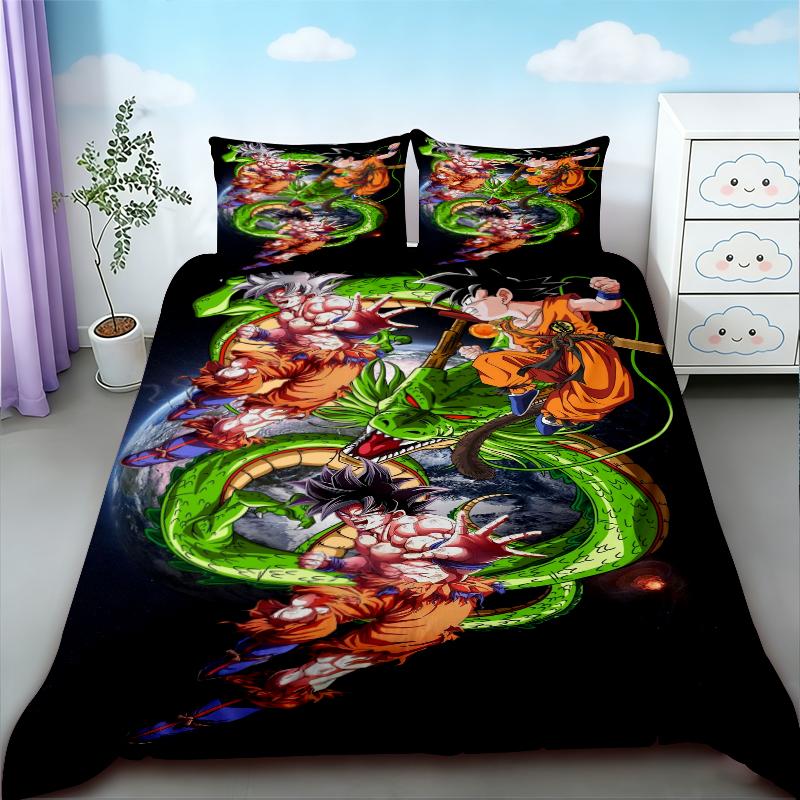 Anime 3pz Copripiumino Dragon Ball Goku Cartone Animato Set Biancheria da Letto Coperta Trapuntata per Bambini Dimensioni Queen King per Decorazione Camera da Letto Regali