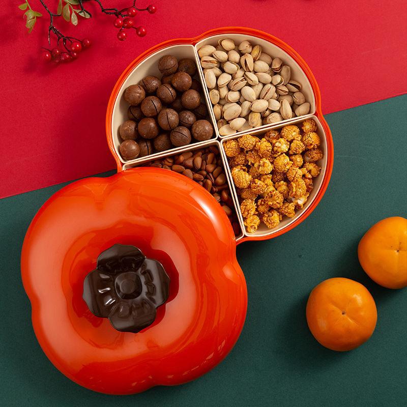 Persimmon Shape Snack Tray 4 Compartments Fruit Box Snack Container Serving Tray with Lid for Home
