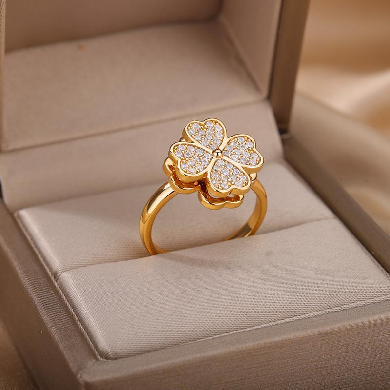 Zirkon Drehbare Vierblättriges Kleeblatt Angst Ringe Für Frauen Edelstahl Anti-Stress Fidget Spinner Ring Ästhetische Schmuck Geschenk