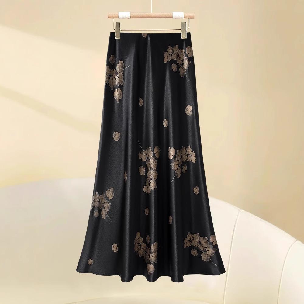 

Women s Satin Print A-Line Midi Skirt - Summer 2025 High-End Temperament 29/XL for 115-125 jin золотий/чорний