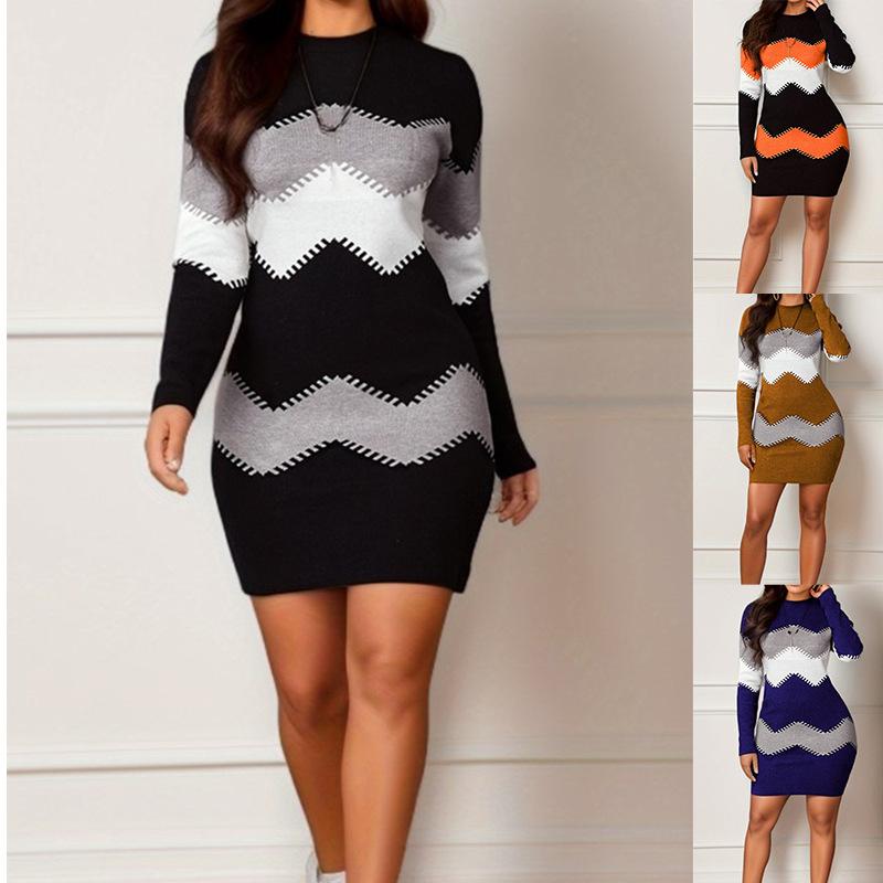Women's mid to long length short skirt, round neck long sleeved printed knitted hip hugging dress