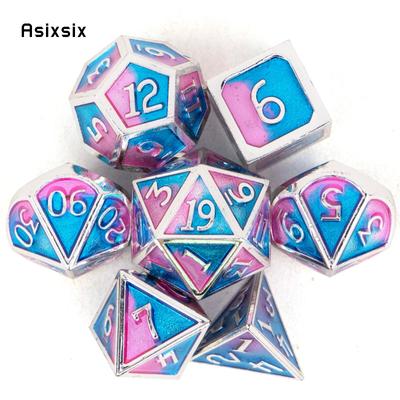 7-teiliges blau-rosa Standard-Metallwürfel-Set aus massivem Metall, polyedrisch, geeignet für Rollenspiele, RPG-Brettspiele, Kartenspiele