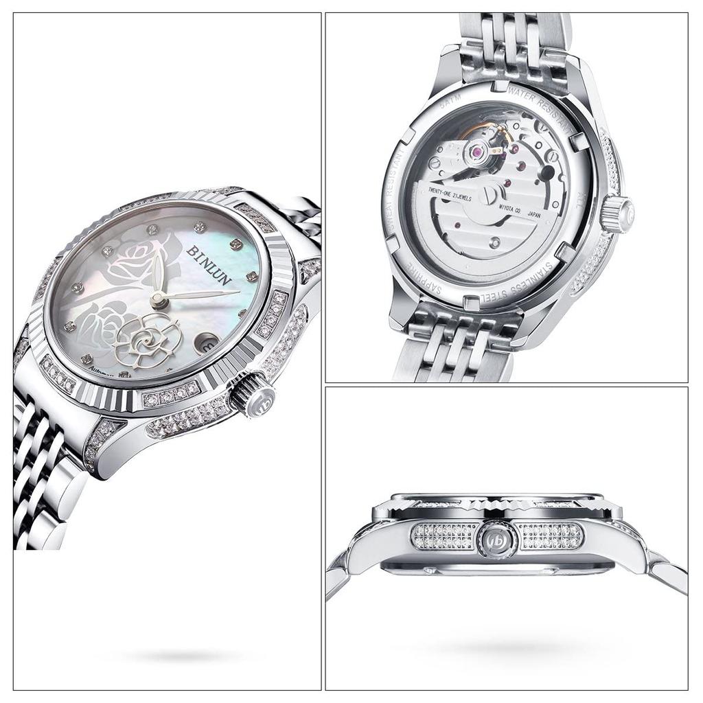 Ladies BINLUN Mechanical Automatic Winding Winding Japanese Movement Rose Pattern Diamond Luminous Date Display Bracelet Stainless Steel Water