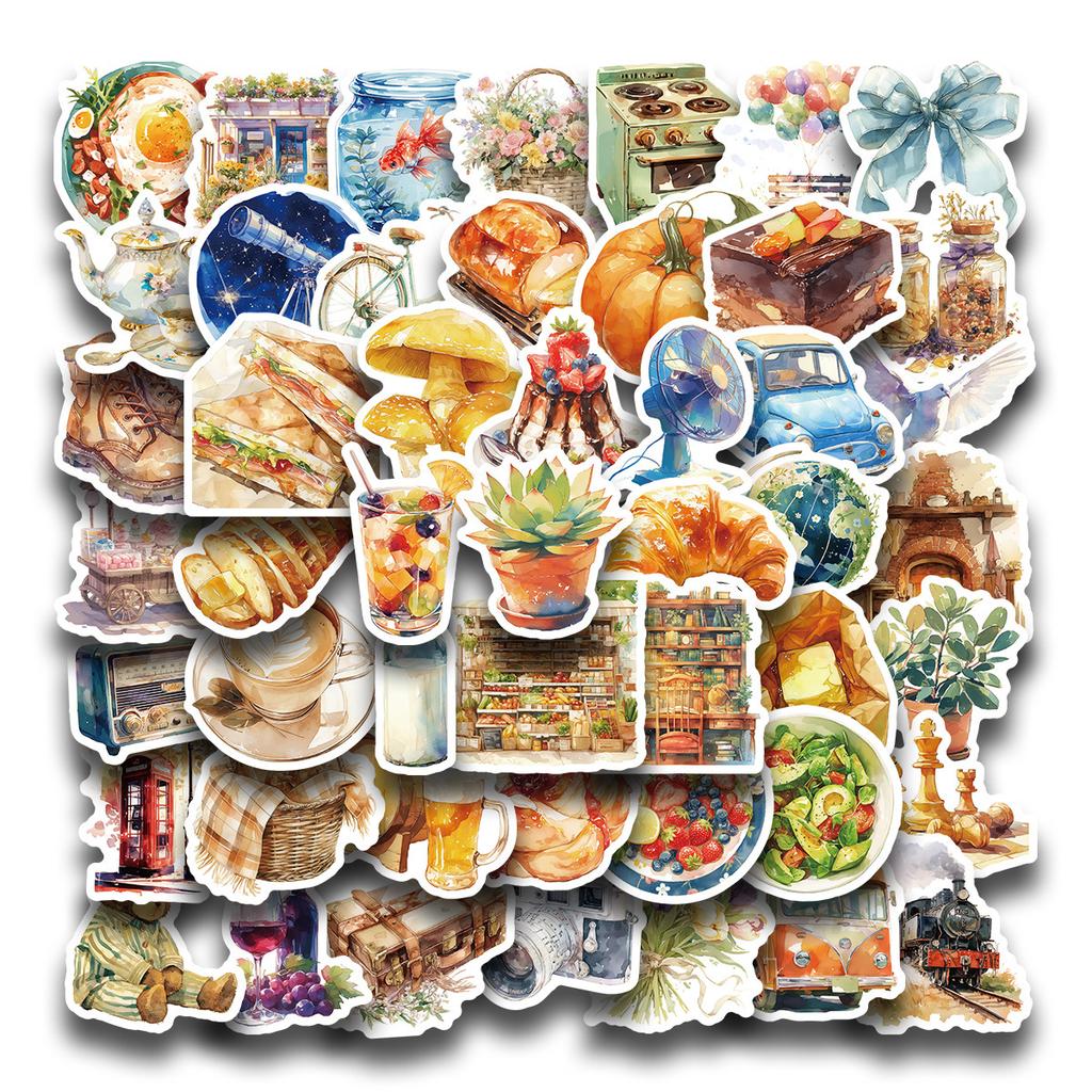 50 Sheets Of Watercolor Life Cartoon Hand-Painted Realistic Graffiti Sticker Pudding Croissant Decorative Suitcase Water Cup Sticker