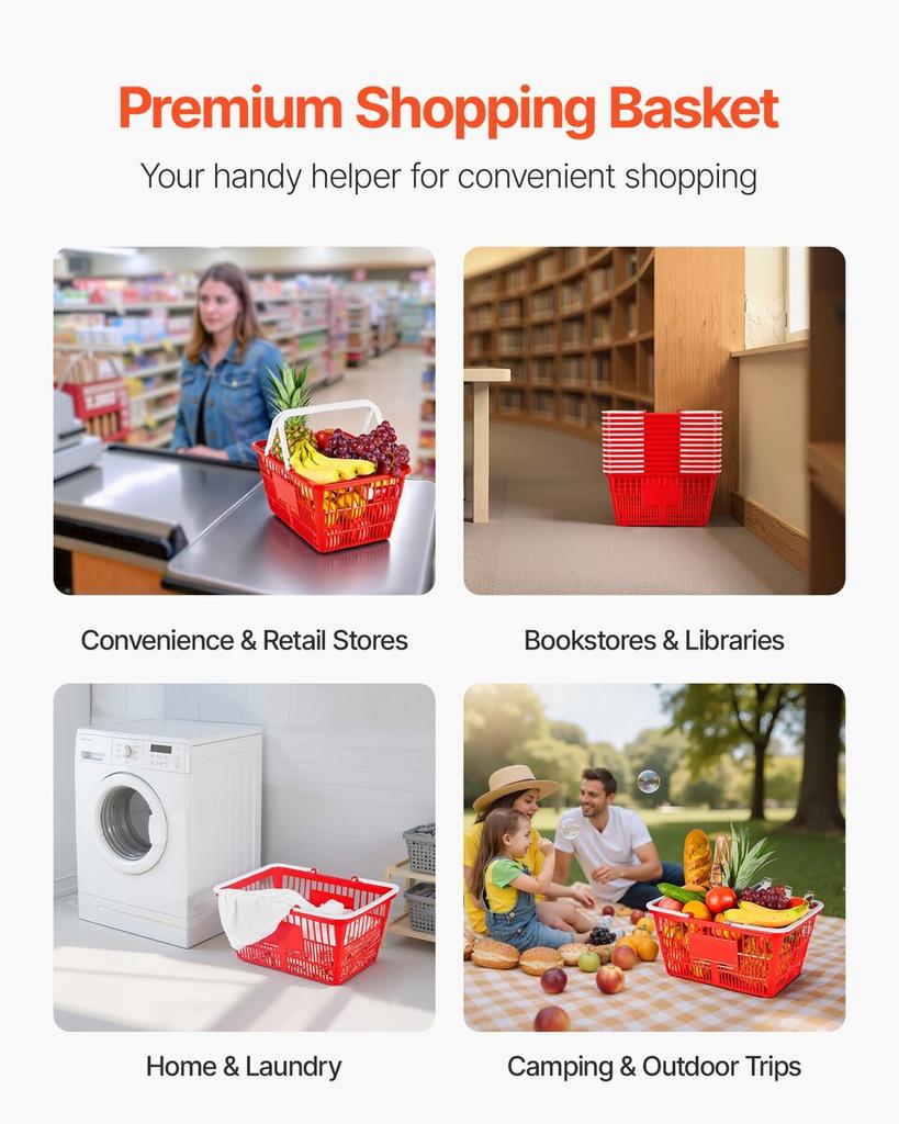 Shopping Baskets, 12 PCS, 21L Stackable PE Plastic Grocery Baskets with Handles, Dense Mesh Structure, Holds up to 9.07kg, Portable for Grocery,