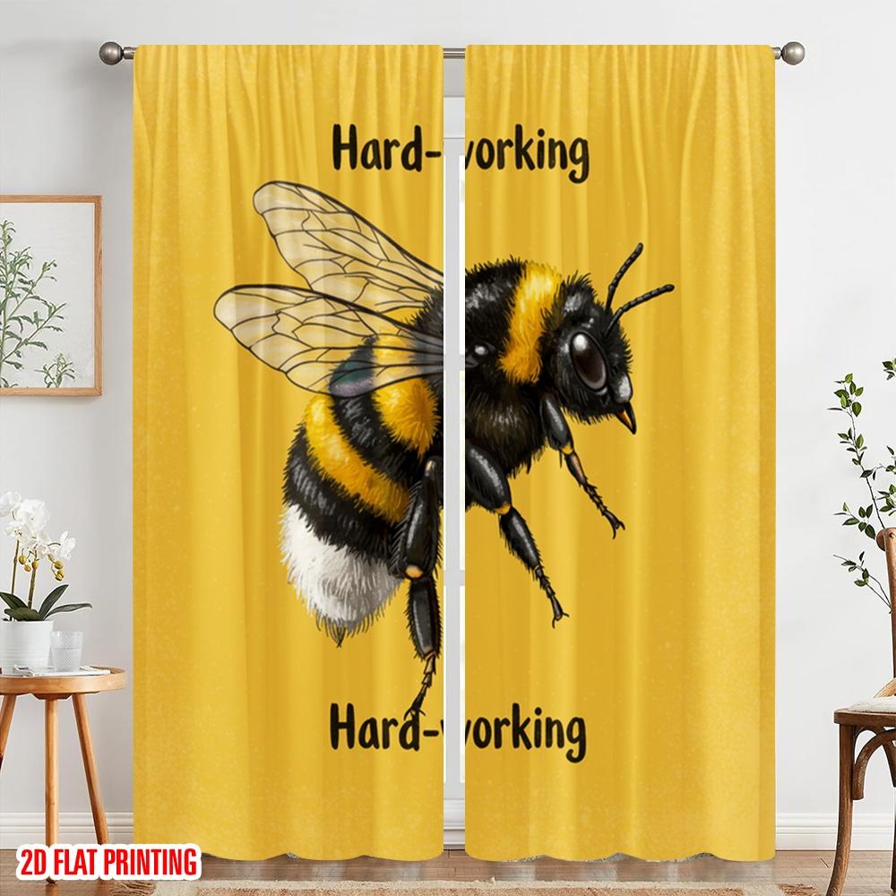 2pcs 2D Flat Printing Window Curtains Hard-working Bee Cute Bumblebee 100% Polyester Without Electricity Festive Holiday for