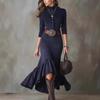 Europe and the United States Cross-border  Independent Station Retro Temperament High-necked Suede Slim-fitting Irregular Hem Dress with Belt