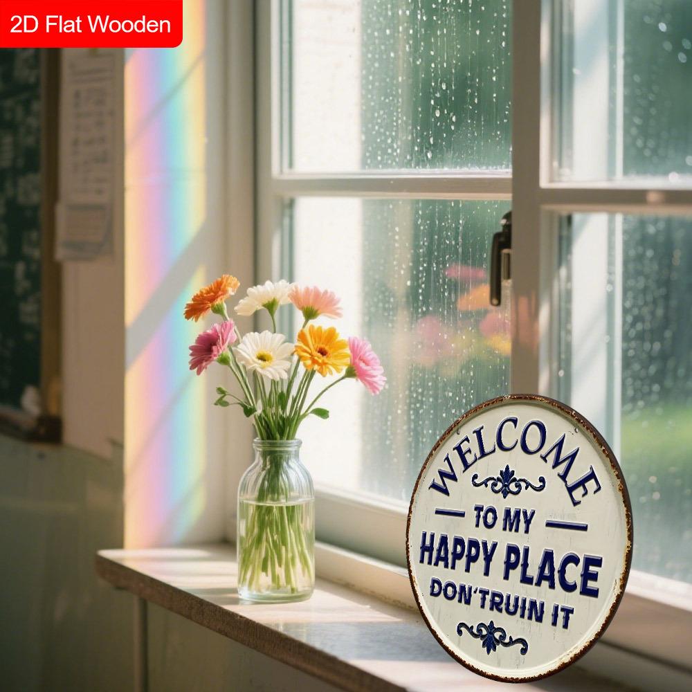 Panneau de Bienvenue en Bois Happy Place - Ornements de Figurines Uniques - Idéal pour Porte d'Entrée, Cour, Porche, Décoration de Pièce