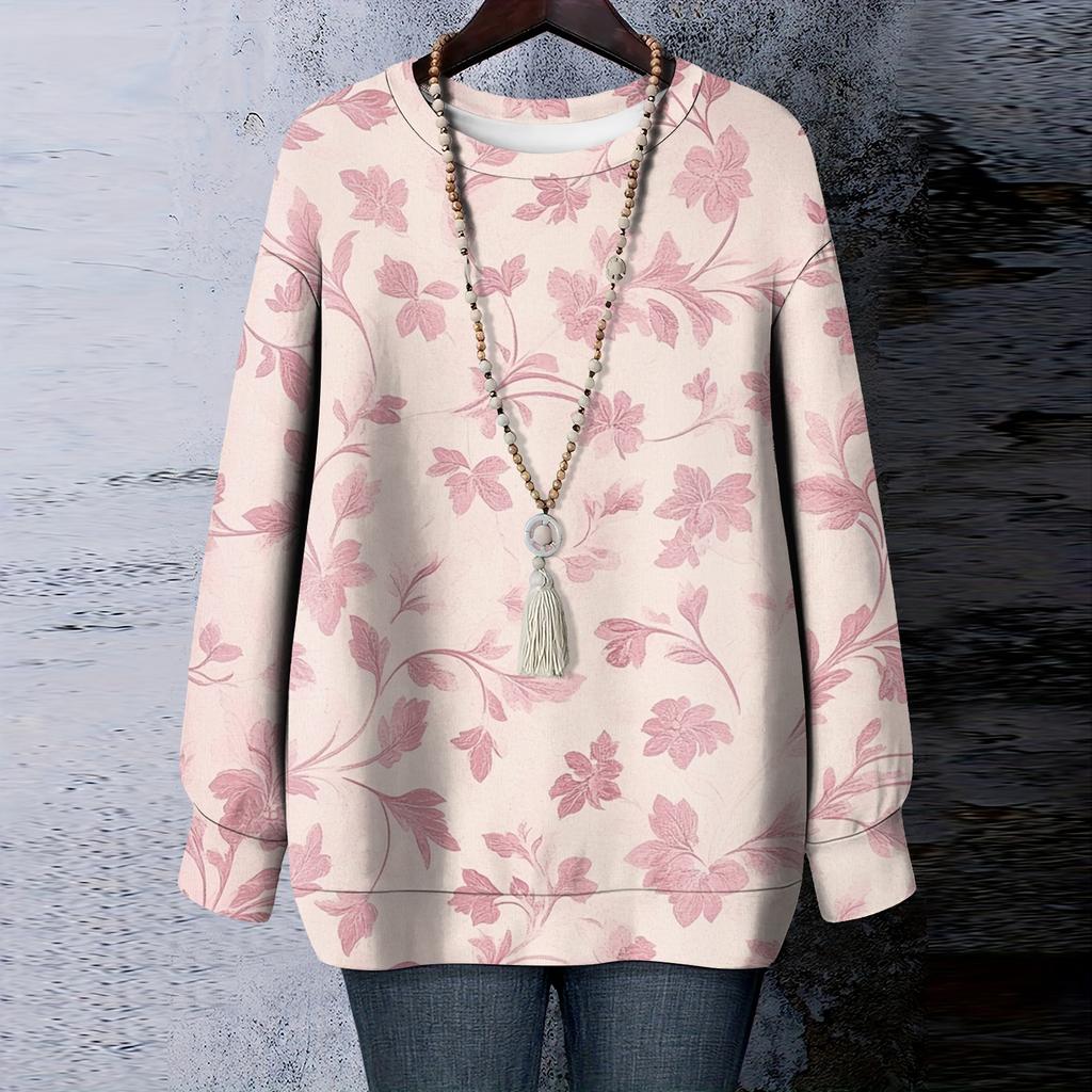 Women's Floral Print Round Neck Long Sleeved T-shirt Sweatshirt Top