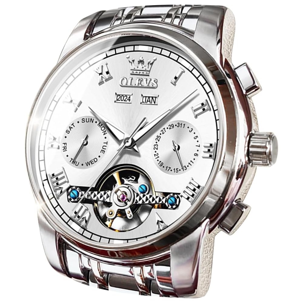 OLEVS Automatic Mechanical Watch Men's Luxury Stainless Steel Multi-Calendar Waterproof Luminous Silver