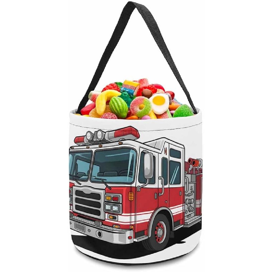 1 Piece Halloween Trick or Treat Candy Bags,Cartoon Fire Fighting Truck Reusable Goody Bucket Collapsible Candy Tote Bag for Holiday Gift Basket 1PCS