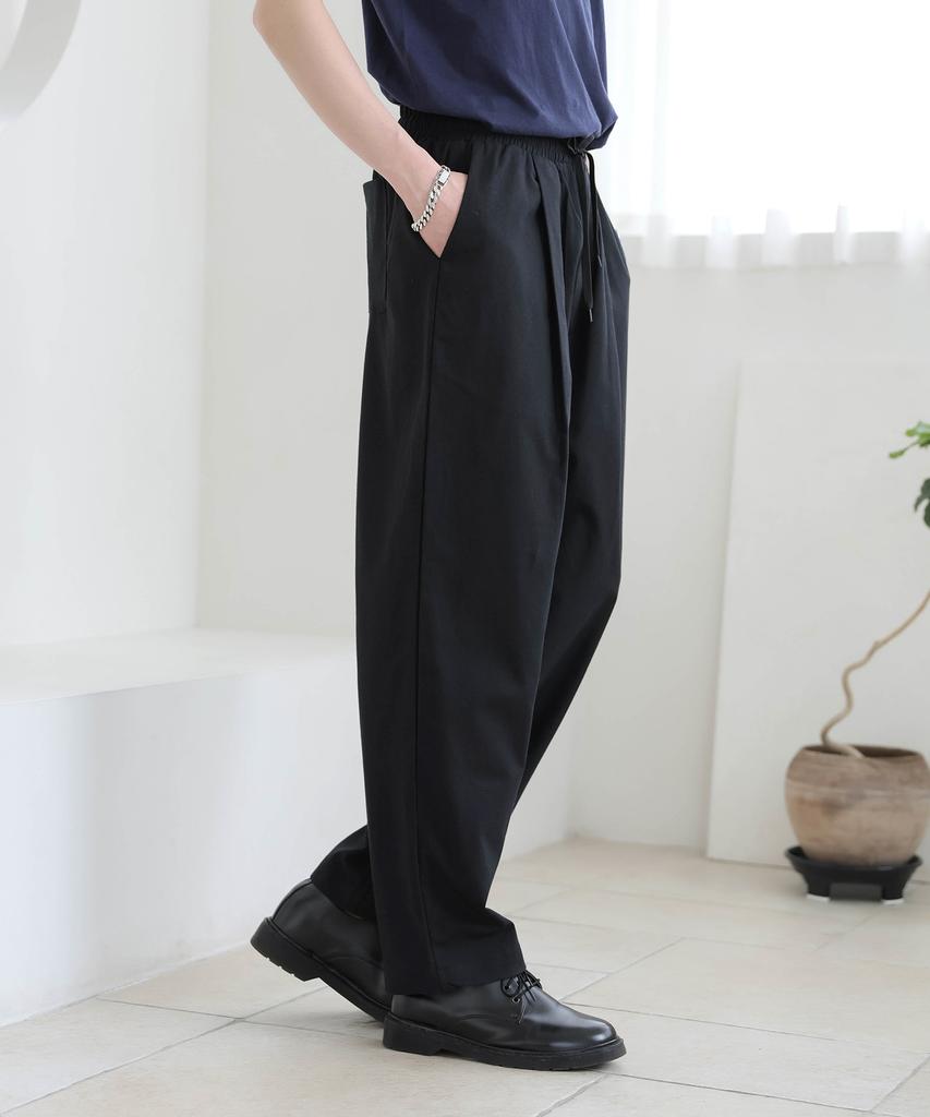 Jikeulib Elastic Waist Pintuck Semi-Wide Cotton Pants