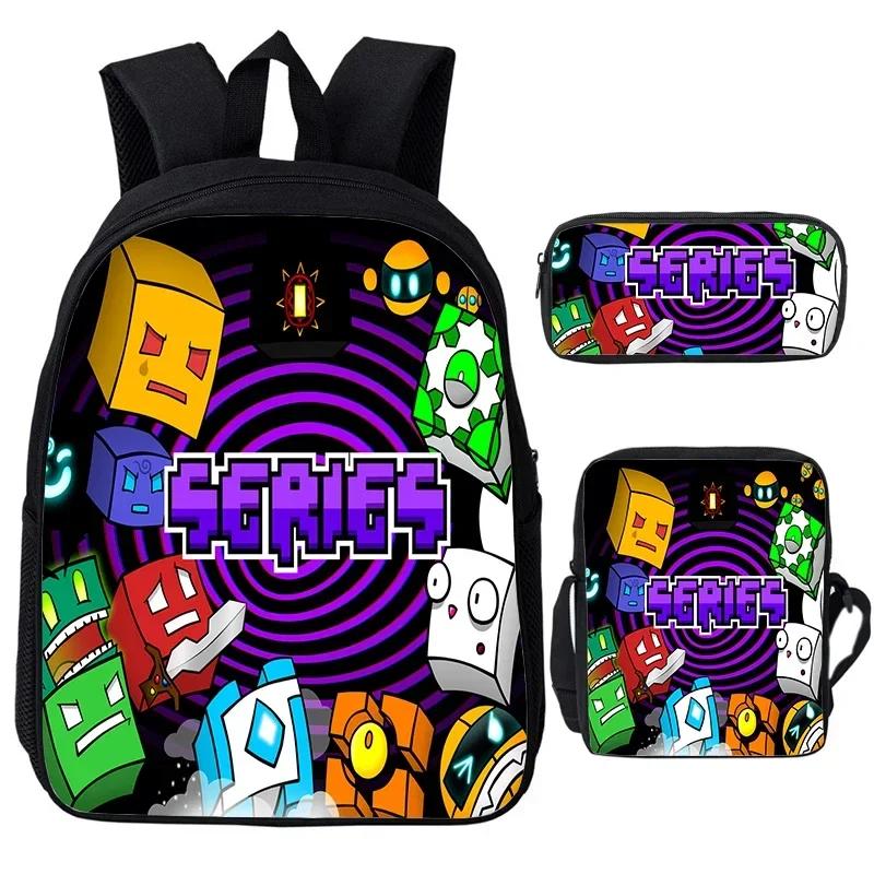 Angry Geometry Dash Cartoon Print Children Backpack 3Pcs Set Boys Girls School Bags Large Capacity Bookbag Back To School Gifts