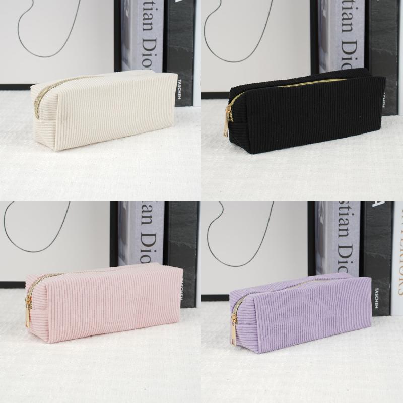 Vintage Simple Solid Color Corduroy Pencil Case Large Capacity Stationery Storage Bag School Supplies