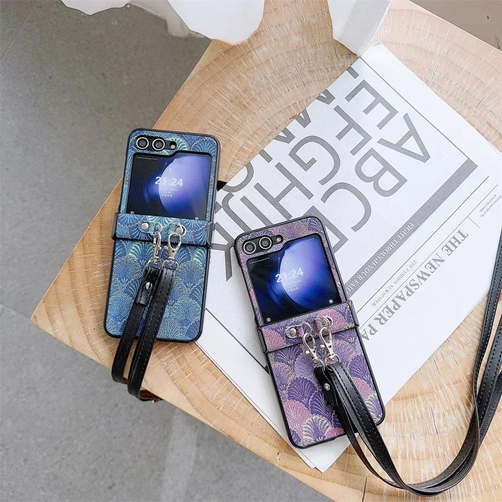 Tribal Pattern PU Leather Crossbody Lanyard Phone Case for Samsung Galaxy Z Flip 6 5 4 3 5G Hinge Protection Shockproof Cover